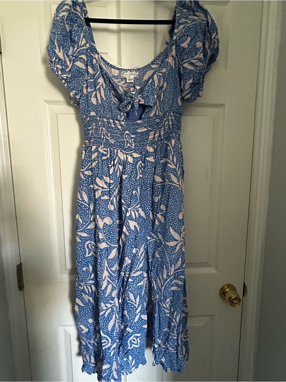 Blue Floral Midi Dress with Smocked Waist and Puff Sleeves